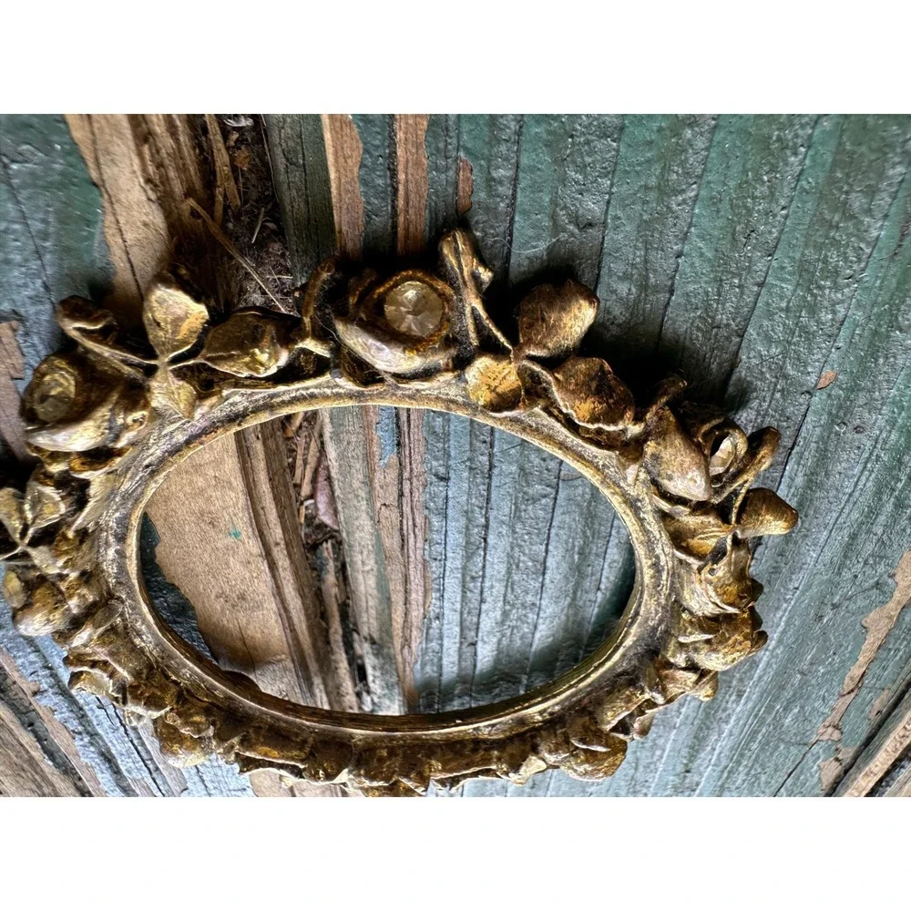 Vintage Gold Tone Ornate Floral Rose Round Frame Rhinestone Accents 3 Inch
